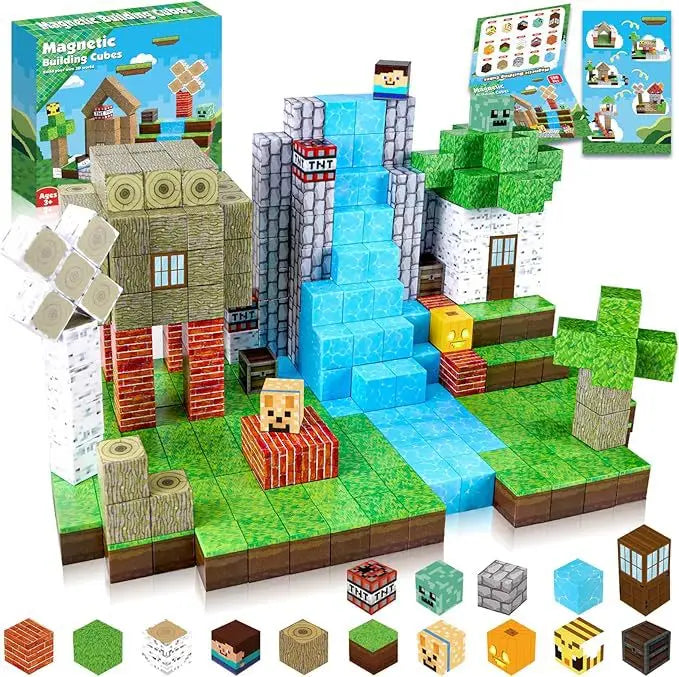 100-piece magnetic building cube set arranged into a nature-themed scene with a blue waterfall, trees, grassy terrain, houses, TNT blocks, and character cubes; includes the product box and illustrated instruction cards for creative STEM play.