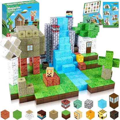 100-piece magnetic building cube set arranged into a nature-themed scene with a blue waterfall, trees, grassy terrain, houses, TNT blocks, and character cubes; includes the product box and illustrated instruction cards for creative STEM play.