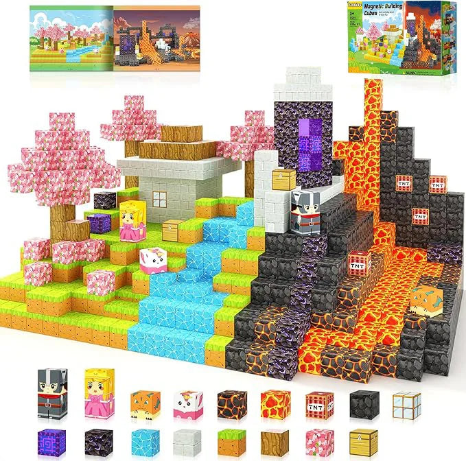 Magnetic building cube set arranged into a cherry blossom forest and volcano adventure scene, featuring pink trees, blue water blocks, a house, lava flows, TNT cubes, characters, and assorted pixel-style blocks; includes product box and instruction booklet.
