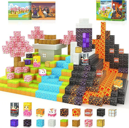 Magnetic building cube set arranged into a cherry blossom forest and volcano adventure scene, featuring pink trees, blue water blocks, a house, lava flows, TNT cubes, characters, and assorted pixel-style blocks; includes product box and instruction booklet.
