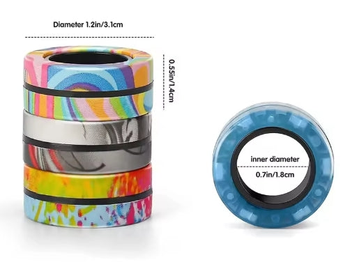 Stack of colorful rings with measurements on a white background
