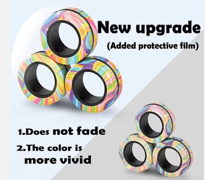 Colorful fidget spinner with added protective film on a light gray background