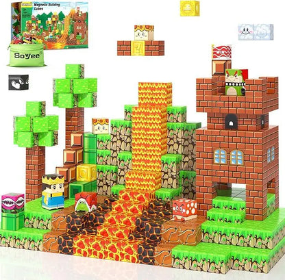 150-piece magnetic lava castle adventure building cubes set featuring a brick tower, flowing lava blocks, grassy terrain, trees, character cubes and fantasy creatures. STEM construction toy for kids supporting sensory play, fine motor skills, creativity and imaginative building