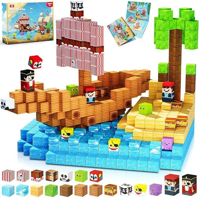 Magnetic building cube set arranged into a pirate-themed scene featuring a wooden-style pirate ship, striped sails, ocean cubes, palm tree, treasure chests, pirate characters, and colourful block designs; includes product box and instruction cards.