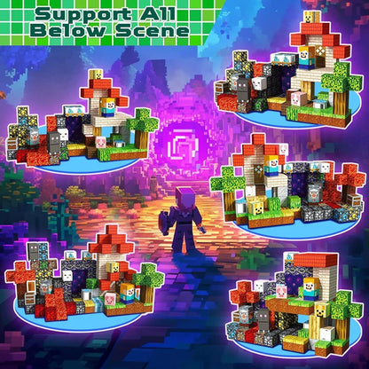 Multiple scene examples built using a magnetic pixel-style building cube set, showing houses, trees, characters, lava, and landscape designs against a colourful fantasy background, demonstrating the creative structures children can build.
