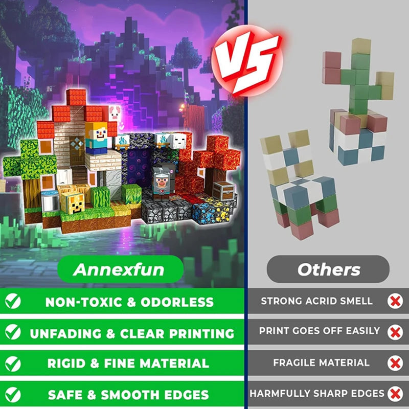 Comparison image showing premium magnetic pixel-style building cubes with vibrant, detailed printing versus lower-quality blocks, highlighting features such as non-toxic materials, clear printing, durable construction, and smooth edges.