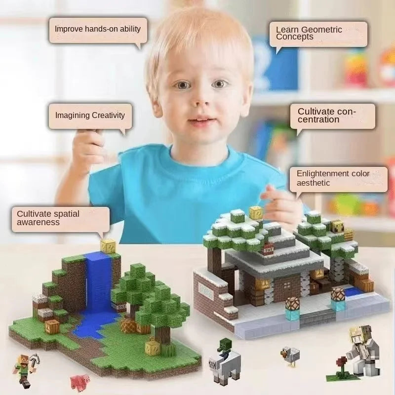 Young child playing with a pixel-style magnetic building set featuring trees, a waterfall, and a snowy house scene; promotes hands-on learning, creativity, spatial awareness, geometric concepts, concentration, and colour recognition.