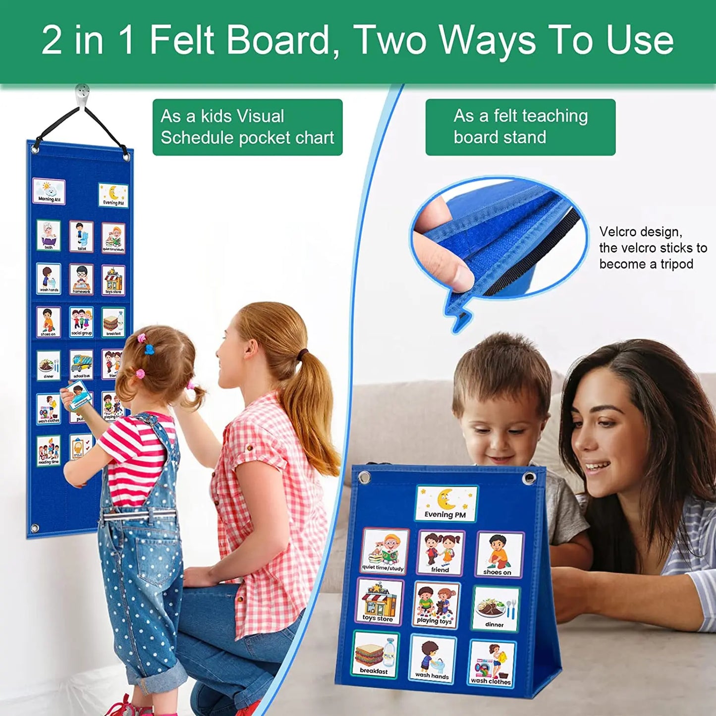 2-in-1 felt board used as a visual schedule pocket chart and felt teaching board stand with children and adults.