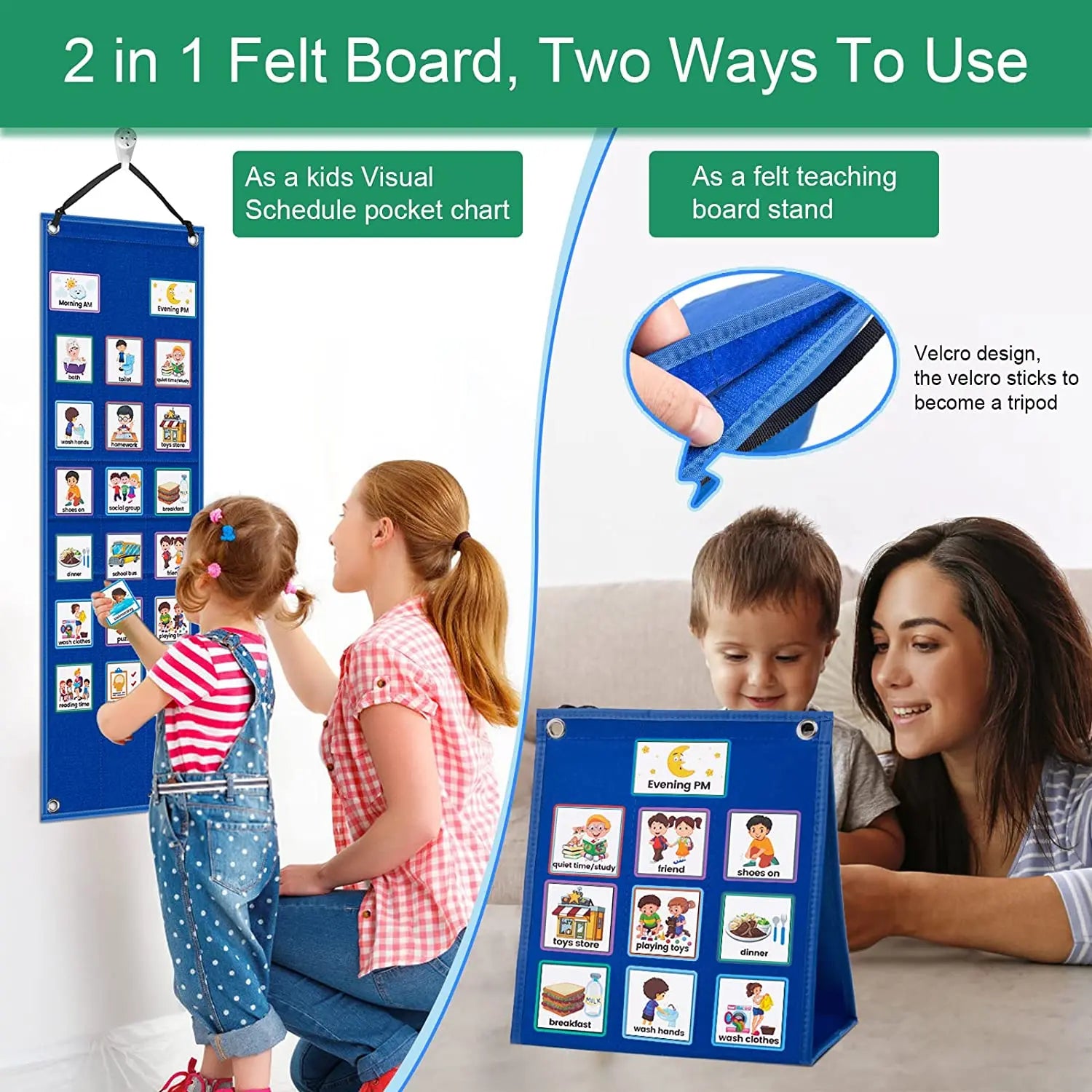 2-in-1 felt board used as a visual schedule pocket chart and felt teaching board stand with children and adults.