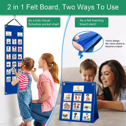 2-in-1 felt board used as a visual schedule pocket chart and felt teaching board stand with children and adults.