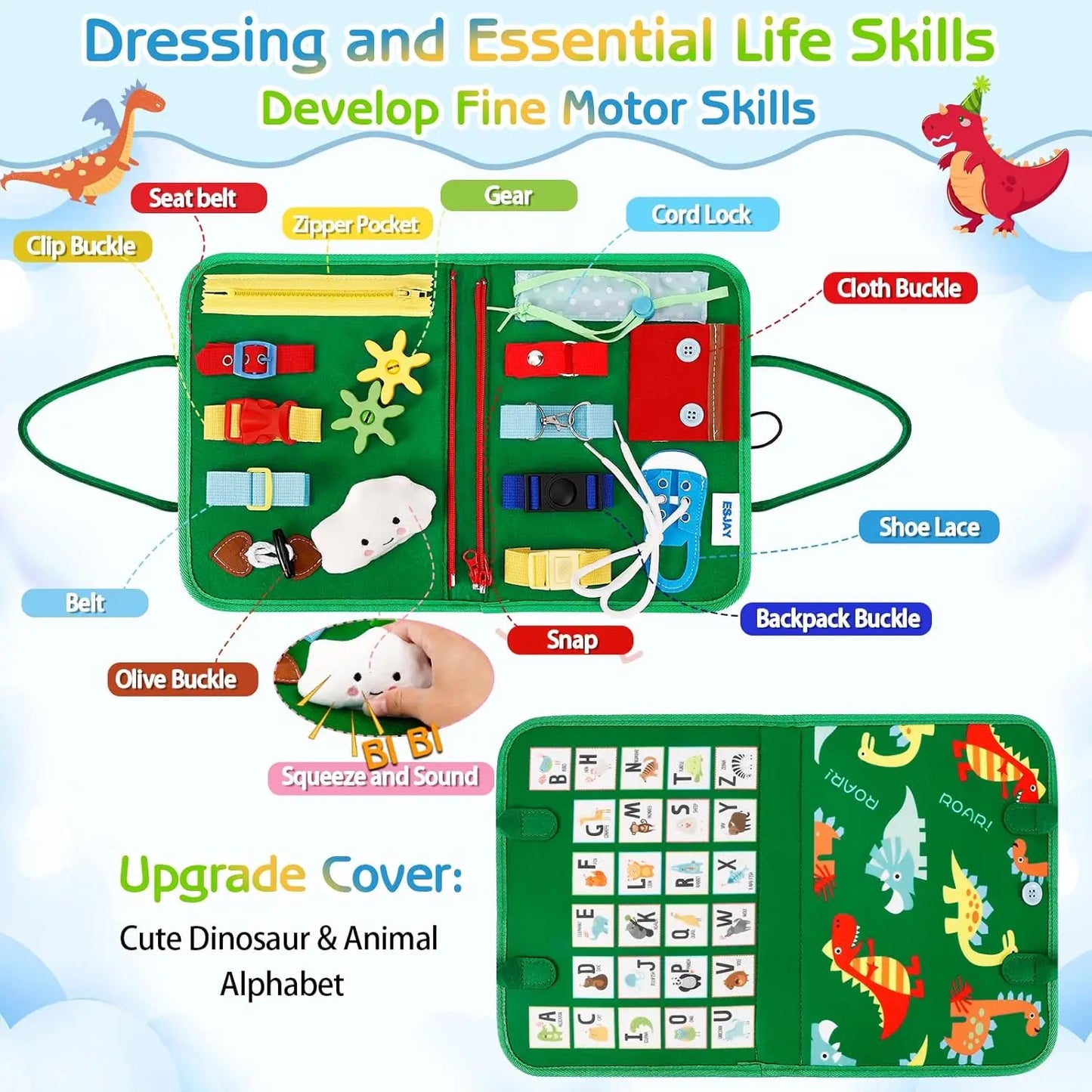 Educational toy set for dressing and essential life skills with colorful components and dinosaur illustrations.