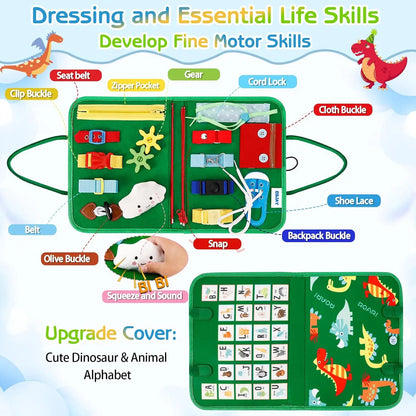 Educational toy set for dressing and essential life skills with colorful components and dinosaur illustrations.