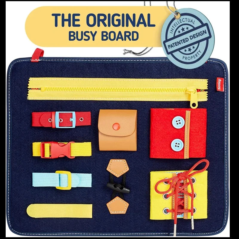 Children's busy board with various educational components on a blue background