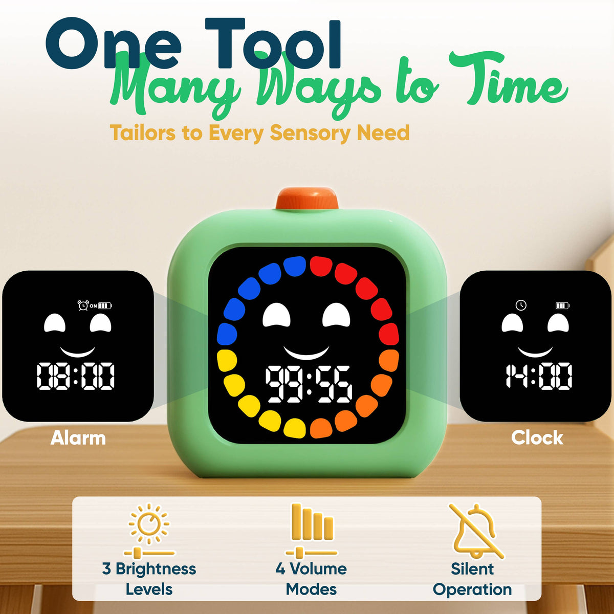 Mint visual timer showing count-down, count-up, clock and alarm modes