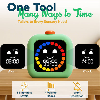 Mint visual timer showing count-down, count-up, clock and alarm modes