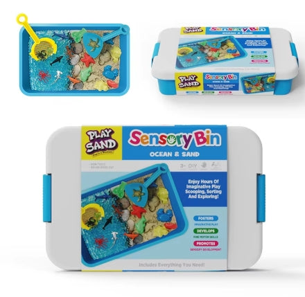 Open ocean themed sensory play bin with blue play sand, sea animal figures and scooping tools for children’s sensory play