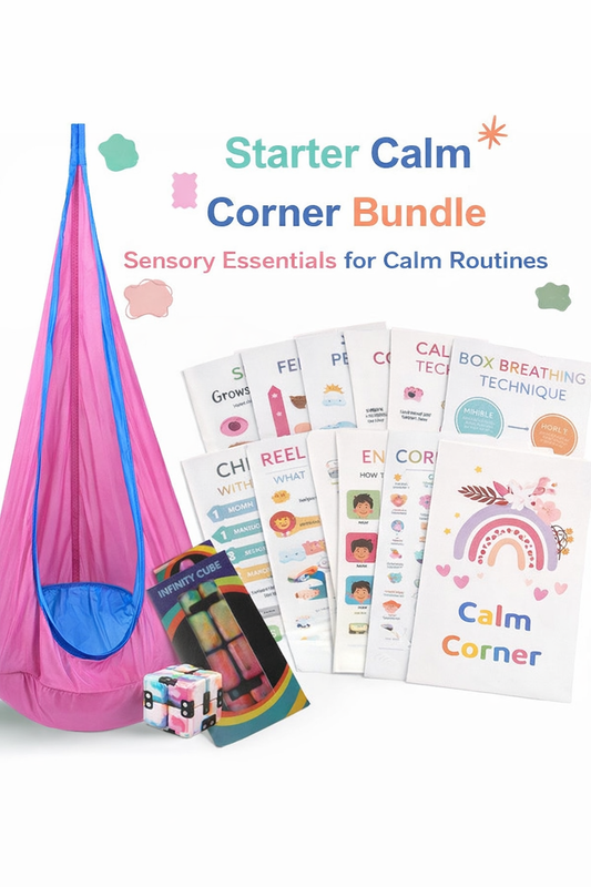 Starter Calm Corner Bundle with sensory swing, cards, and dice on a white background