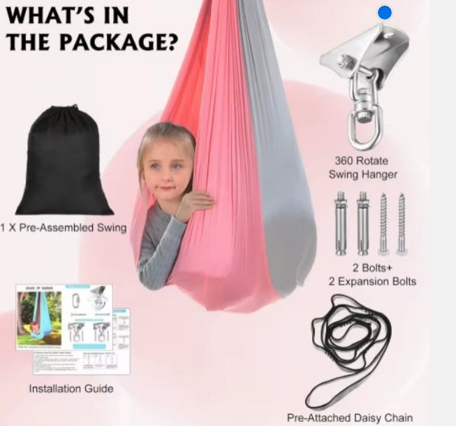 Package contents of a swing set with pink swing, hanger, bolts, and installation guide on a white background.