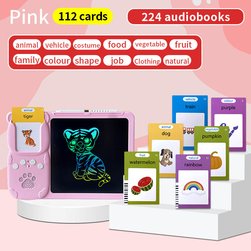 The image shows a pink kids' interactive early education toy with two sections. One section is an LCD drawing board with a colorful animal illustration on the screen, and the other section displays a set of educational flashcards with various categories like animal, vehicle, costume, food, vegetable, fruit, and color.