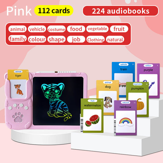The image shows a pink kids' interactive early education toy with two sections. One section is an LCD drawing board with a colorful animal illustration on the screen, and the other section displays a set of educational flashcards with various categories like animal, vehicle, costume, food, vegetable, fruit, and color.