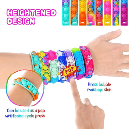 Colorful pop-it wristbands on a hand with text describing their features.