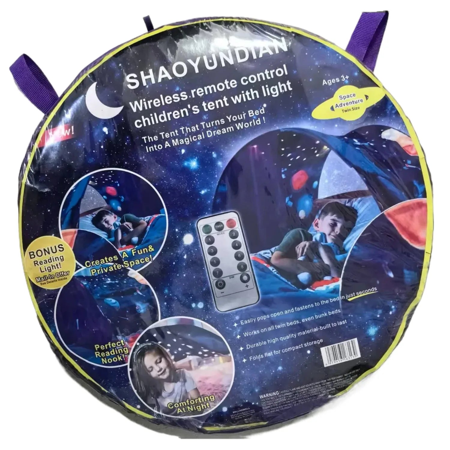 “Easy-to-install pop-up bed tent for kids with illustrated setup guide and light show feature.”