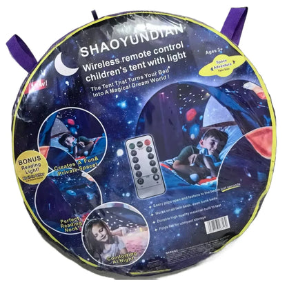 “Easy-to-install pop-up bed tent for kids with illustrated setup guide and light show feature.”