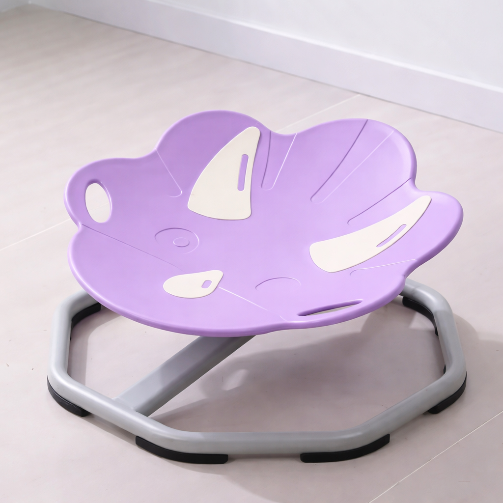 Purple children's dinosaur spinning chair with a gray base on a light-colored floor.