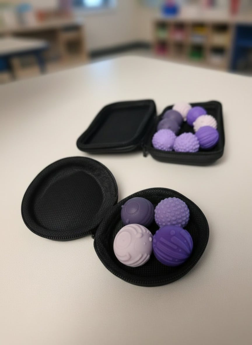 Set of purple and pink textured fidget balls in a black case on a white surface