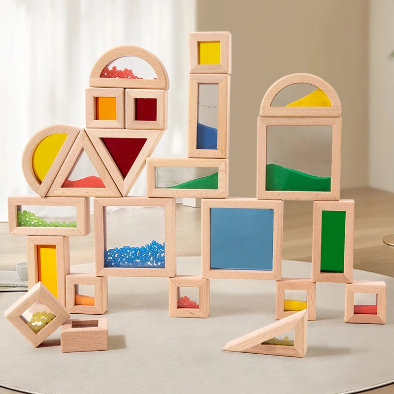 Stack of wooden building blocks with colorful inserts on a neutral background