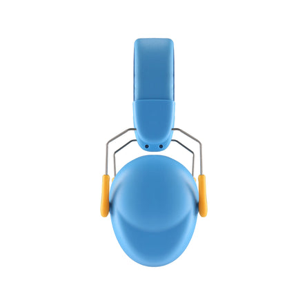 Rear view of blue kids ear protection earmuffs showing adjustable padded headband.”