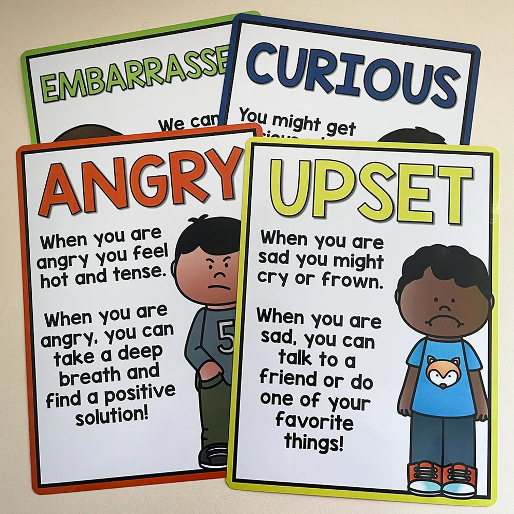 Educational posters about emotions with cartoon characters and text on a beige background