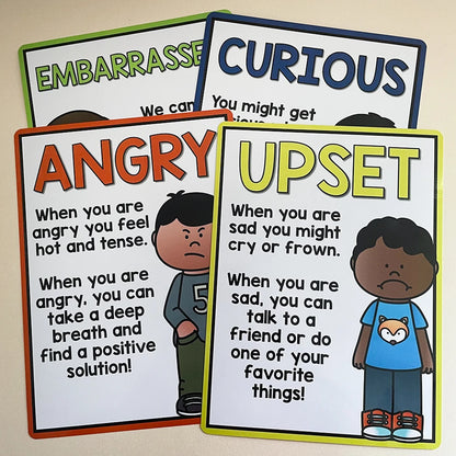 Educational posters about emotions with cartoon characters and text on a beige background