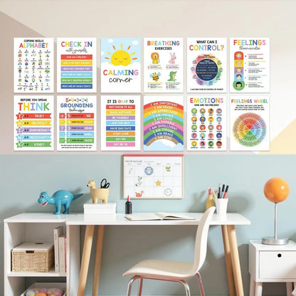 Educational posters on a wall above a desk with stationery items.