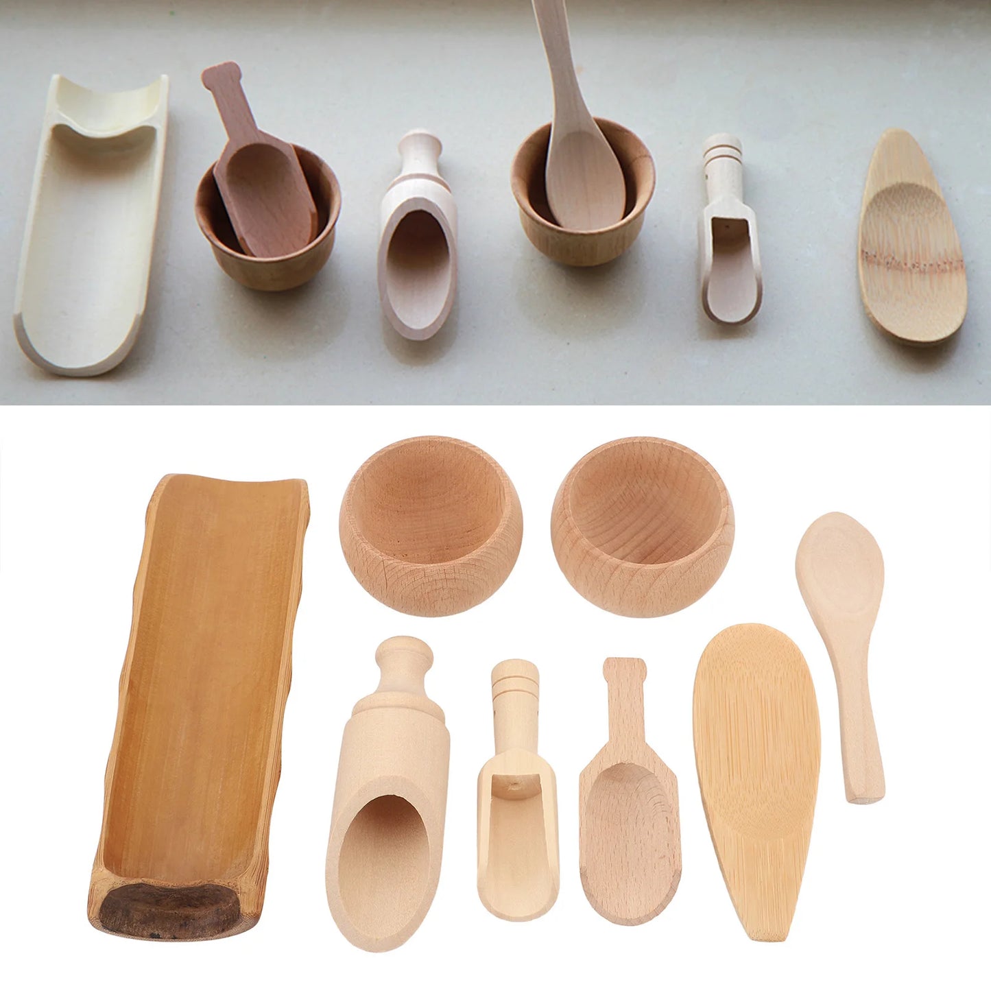 Educational sensory bin with wooden tools 