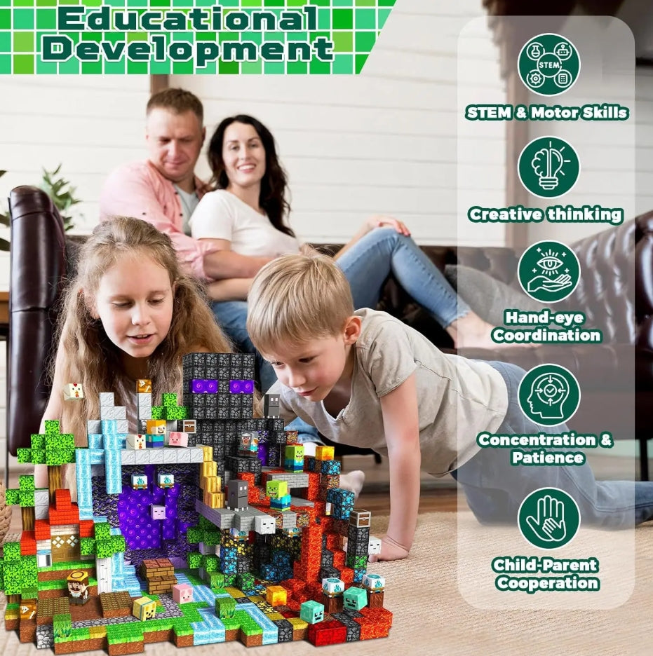Children playing with building blocks in a living room, with a family in the background and educational benefits listed.