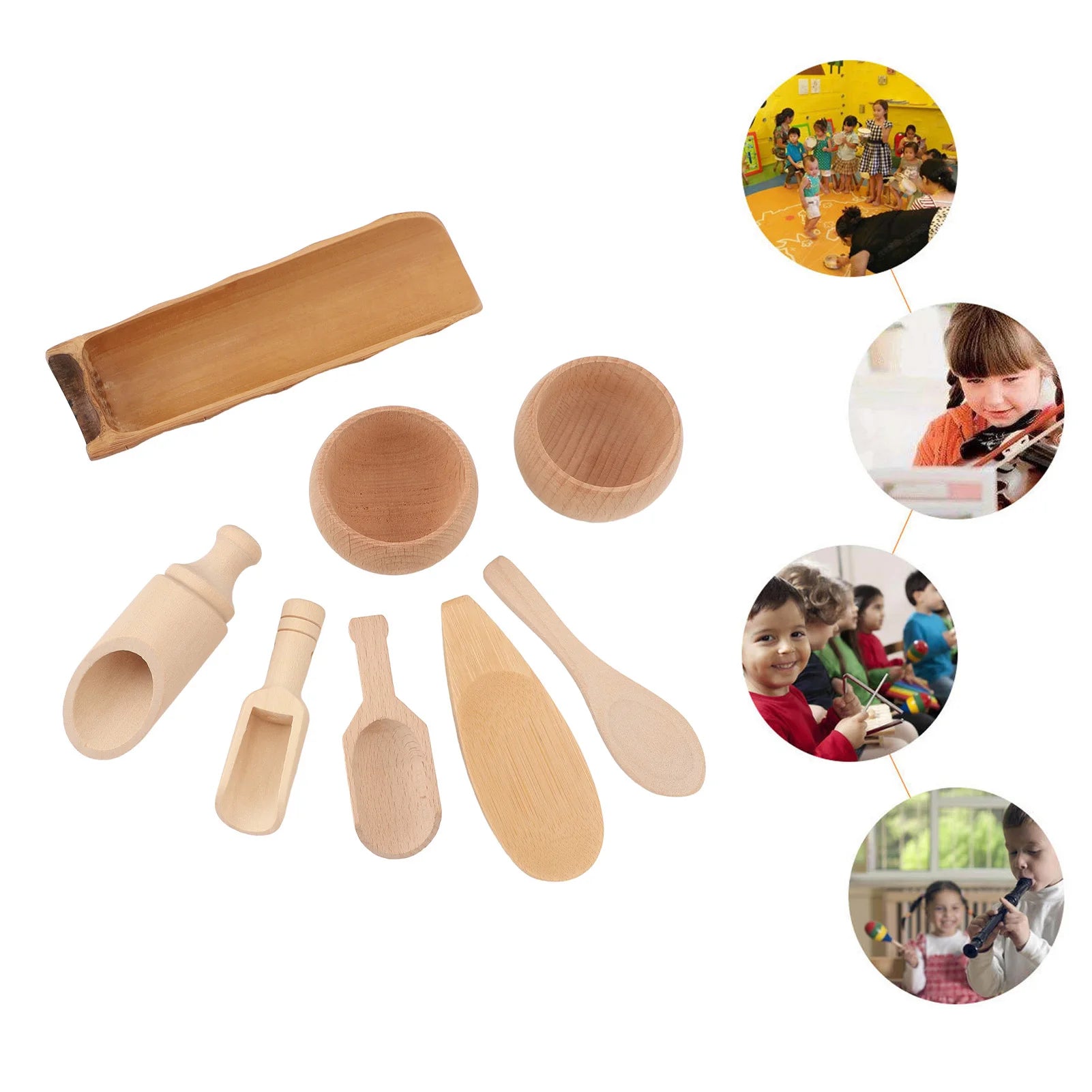 Educational sensory bin with wooden tools 