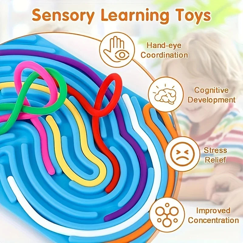 Colorful maze toy with text highlighting benefits like hand-eye coordination, cognitive development, stress relief, and improved concentration.