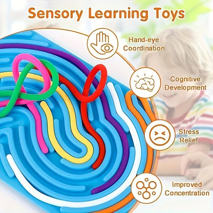 Colorful maze toy with text highlighting benefits like hand-eye coordination, cognitive development, stress relief, and improved concentration.