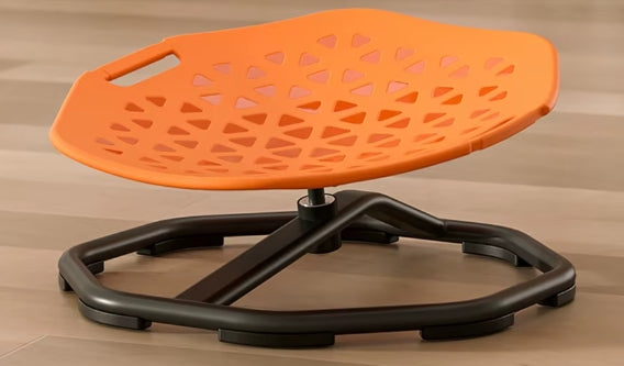 Orange seat with black base on a wooden floor