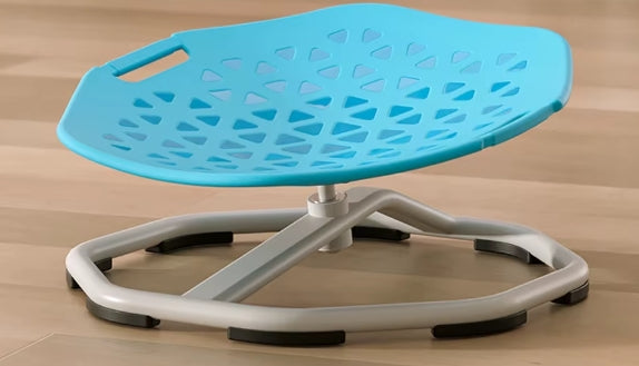 Blue and gray sit-stand chair on a wooden floor