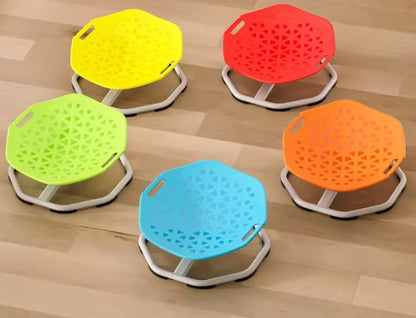Five colorful sensory wobble chairs on a wooden floor.