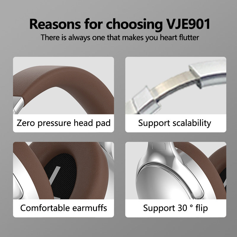 Promotional image of Headphones with features highlighted on a gray background