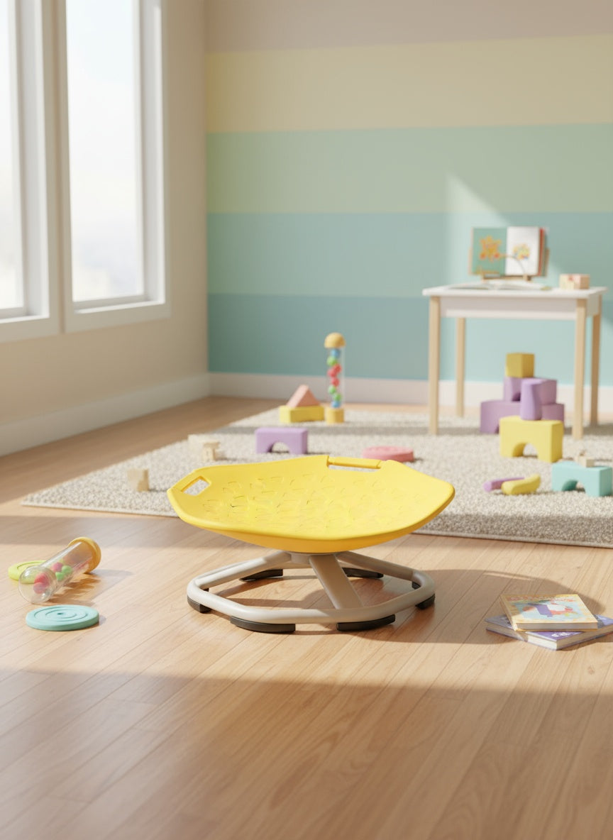 Yellow children's table in a room with colorful toys and a striped wall.