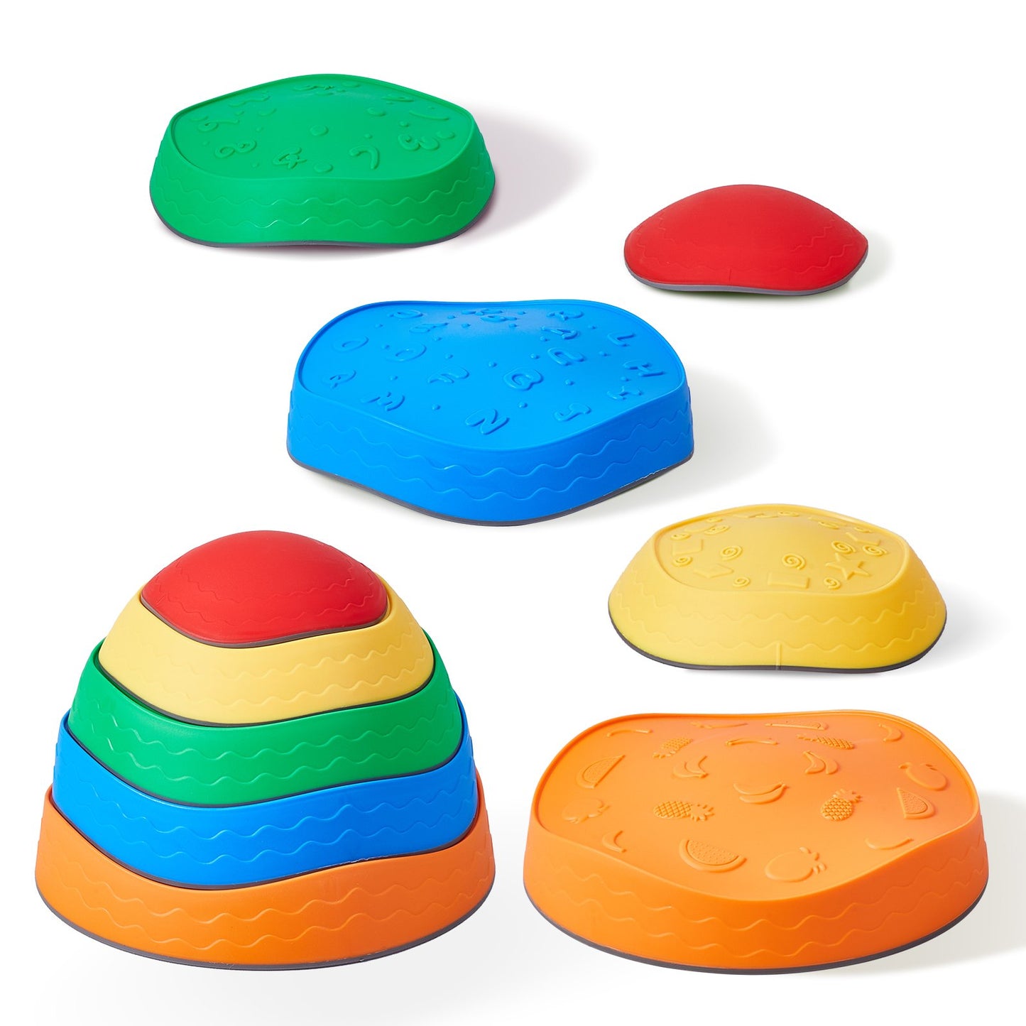 Set of colorful plastic stepping stones on a white background