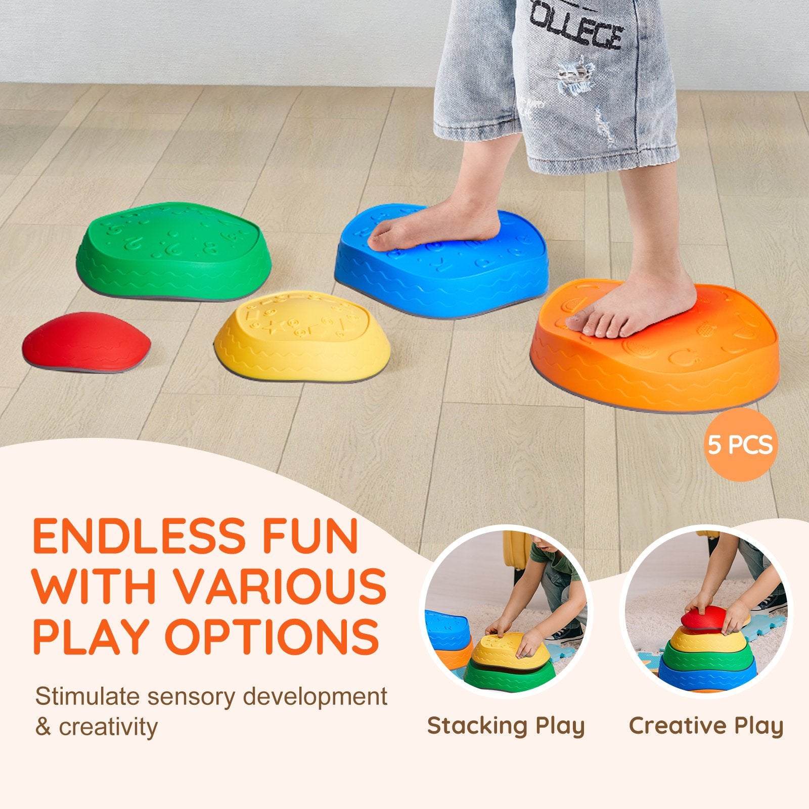 Colorful foam steps for children on a wooden floor with text about play options and benefits.