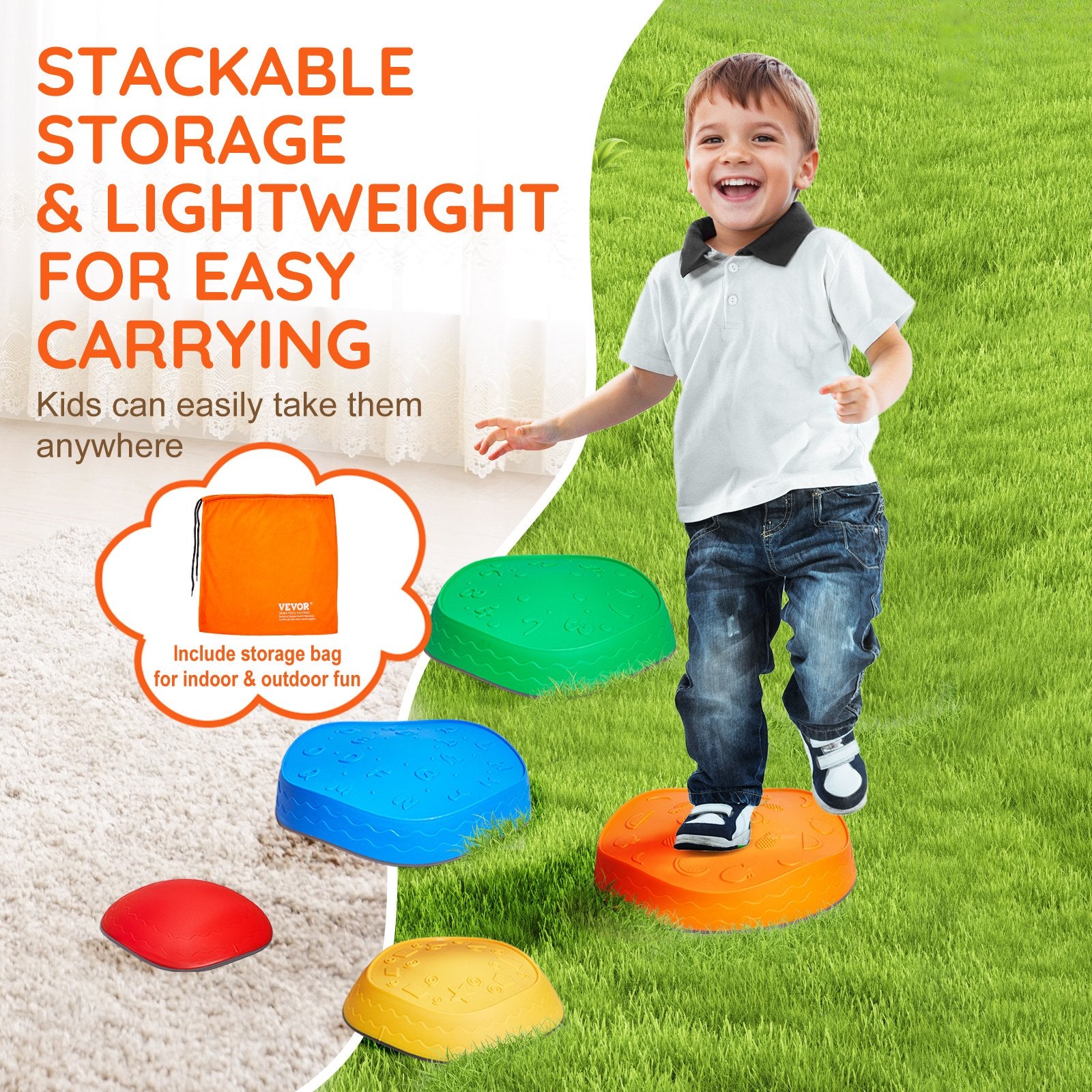 Colorful stackable stepping stones with a child playing on grass, text about storage and carrying.