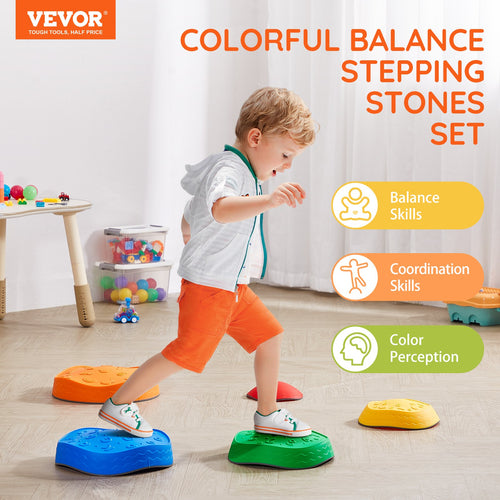 Child playing with colorful balance stepping stones set in a room with toys.