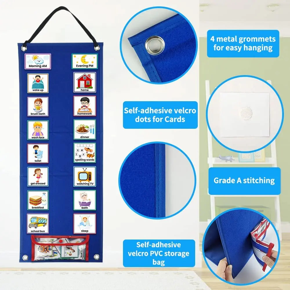 Blue hanging organizer with multiple pockets, shown with close-ups of features on a white background.