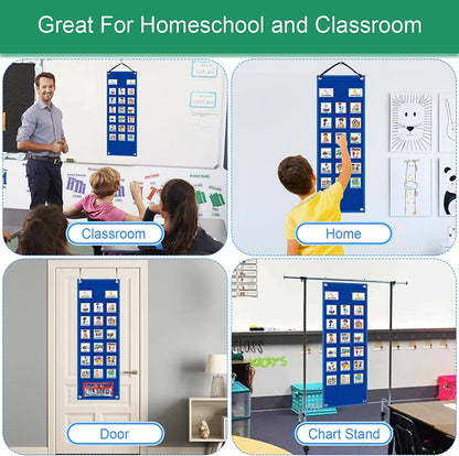 Collage of educational posters used in various settings including a classroom, home, door, and chart stand.
